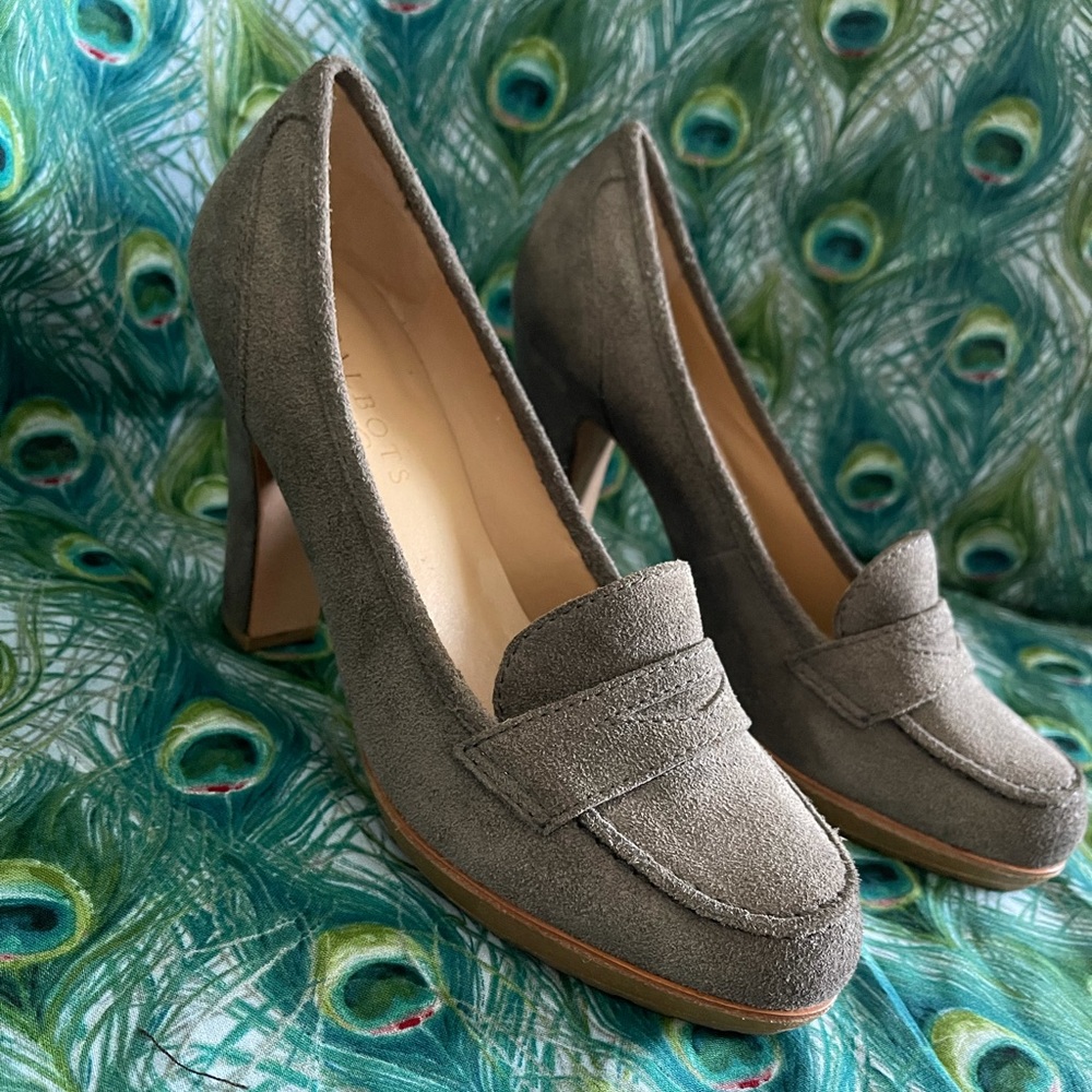 Talbots Gray Chunk Heeled Leather Penny Loafers